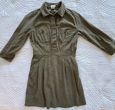 J Crew WOMENS 0 Olive Green Utility Button Front Dress Cotton Wool 3/4 Sleeve