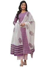 GoSriKi Women's Cotton Blend Straight Printed Kurta with Pant & Dupatta