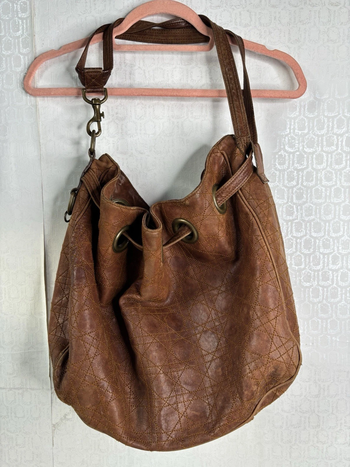 Dior — Dior Cannage Leather Brown Drawstring Shoulder Bag Purse Bobo Shoulder
