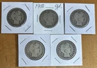 [Lot of 5] BARBER HALF DOLLARS .50  90% Silver $2.50 Face Value