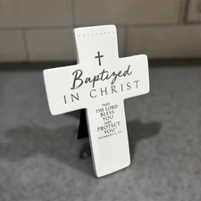 New In Box Tabletop Cross Baptism Gift Resin White Decor Baptized In Christ