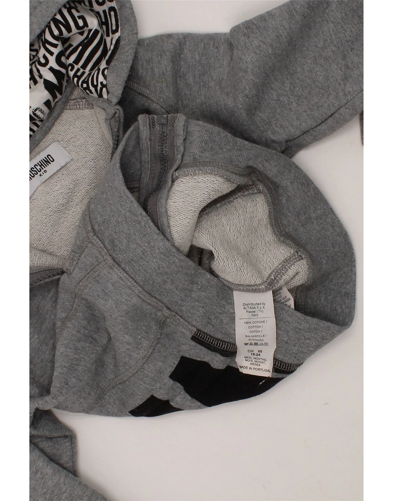 Felpa con cappuccio MOSCHINO bambino ragazzo grafica zip 18 24 mesi grigio cotone BQ24