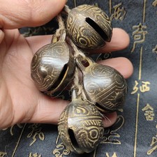 4 Antique Copper Pet Bell Collectibles with Tiger Head and Ox Eye Bell Pendants