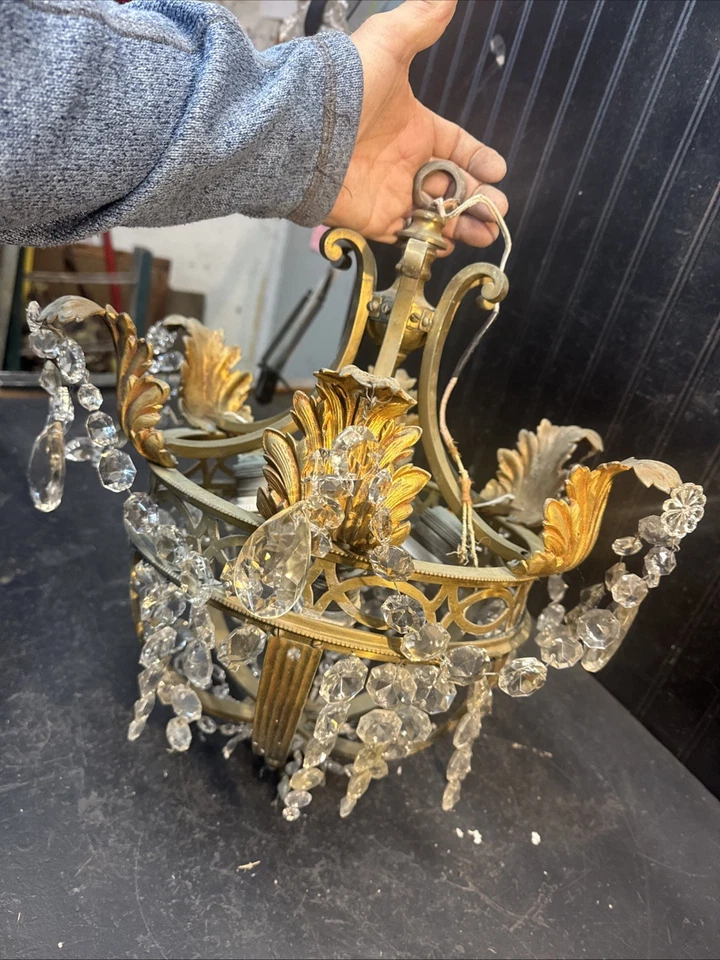 Vintage 3bulb Crystal Ceiling Lighting Fixture with Hanging Glass prisms 16in - Image 3 of 4