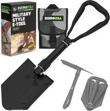 RHINO USA Folding Survival Shovel w/Pick - Heavy Duty Carbon Steel Military Styl
