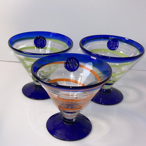 Kosta Boda Royal Caribbean Blue Martini Glasses With 2 Lime And 1 Orange Swirls - Picture 11 of 11