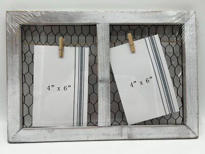 2-Opening Collage Picture Frame w/Clothespins Rustic Farmhouse 4 x 6 NO GLASS