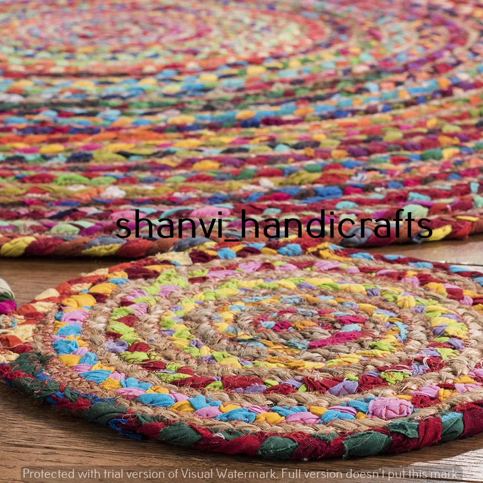 Handmade Round Braided Rug Hand Woven Jute Cotton Rug Multi Chindi Round Rug Mat - Image 2 of 4