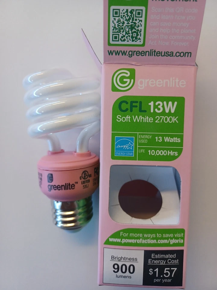 3 Greenlite CFL Soft White Light Bulb 13-Watt 60-W replacement 2700k Pink Base - Image 3 of 3