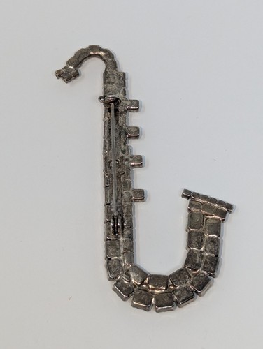 Vintage Saxophone crystal prong set brooch silver tone Jazz music 1920s 30s - Picture 4 of 4