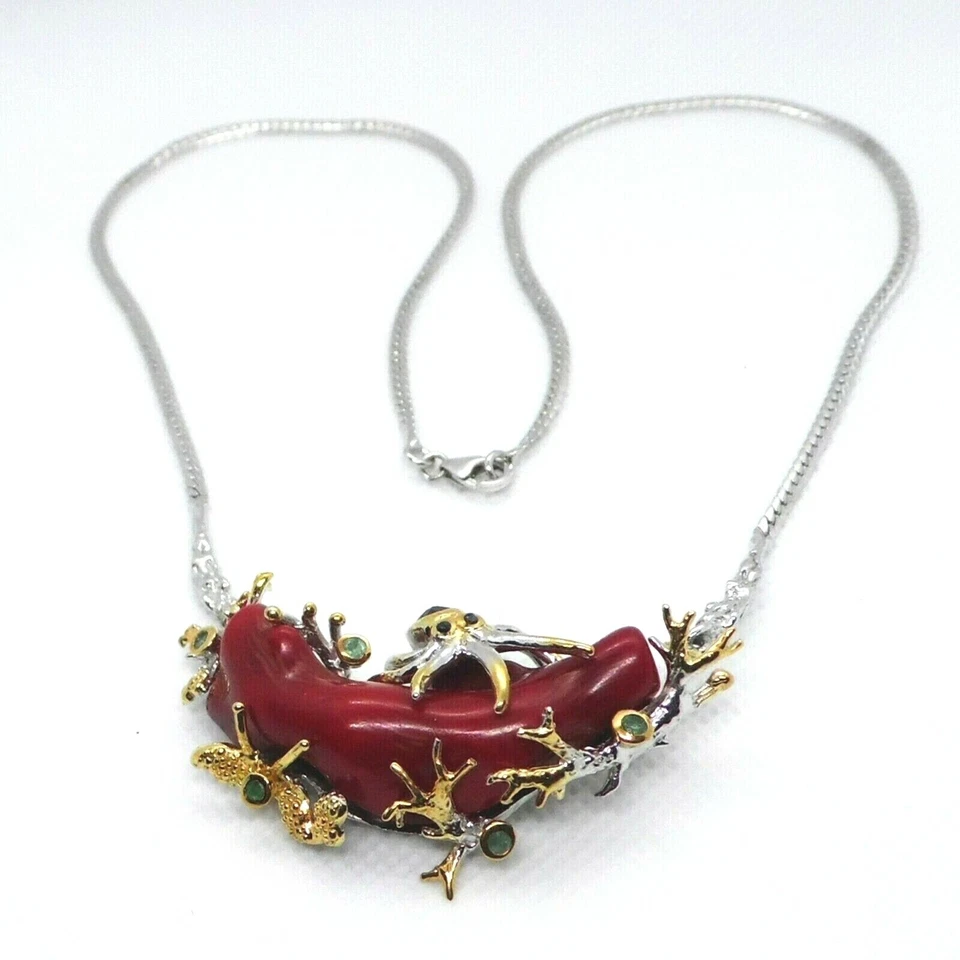 Koralle Saphir Rubin Smaragd Collier 925 Silber 585 Bicolor vergoldet 49 cm - Bild 2 von 4