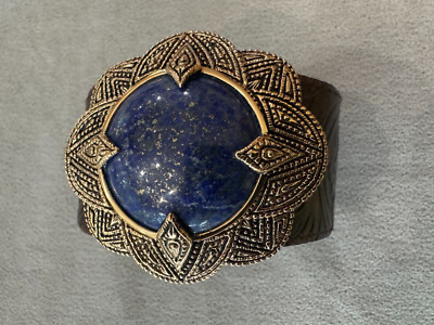 Barse Cuff Bracelet Large Blue Lapiz Stone Hand Tooled Leather