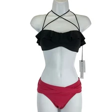 Robin Piccone Bikini Womens XS Black Pink Ava Ruffle Crisscross 2 Pc $184 Nwt