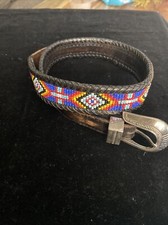 Vintage 1991 Black Leather South Western Beaded Belt Size 26 Native American