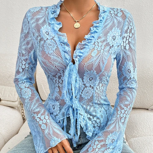 Sexy Damenbluse mit Blumenspitze zum Binden vorne durchsichtig V-Ausschnitt Cardigan Rüschenbluse - Bild 16 von 28