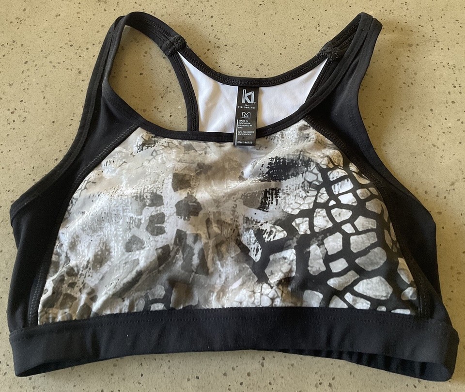 KI Pro Performance Sport Sports Bra Crop Top Grey Black Print Size M 10