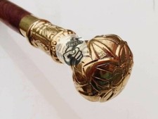 Vintage Antique Walking Cane Wooden Walking Stick Gold Brass Handle Gift