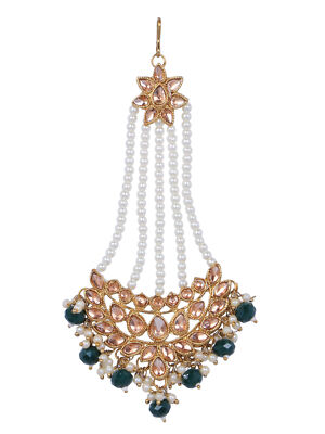 Gold Pearl Circular Maang Tikka - Women\'s Hair Accessory 22K Gold Maang Tikka with Color Stones & Culture Pearl  main image 4
