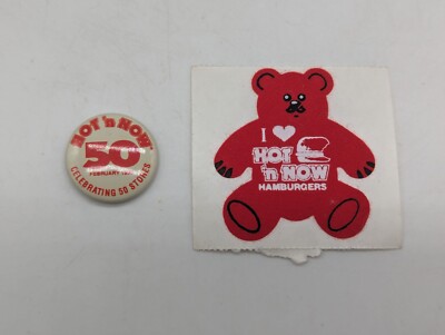 Hot 'N Now Button Celebrating 50 Stores Feb 1990 + Sticker I Heart Hamburgers