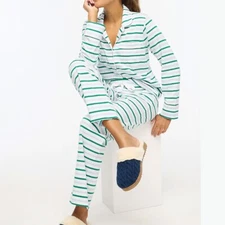 J Crew NWT $118 Long Sleeve 100% Cotton Knit Pajama in Green Blue Stripe | Sz M