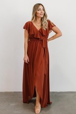 Baltic Born Katya Ruffle Maxi Dress Women XL Faux Wrap Flutter Sleeve Gown Brown