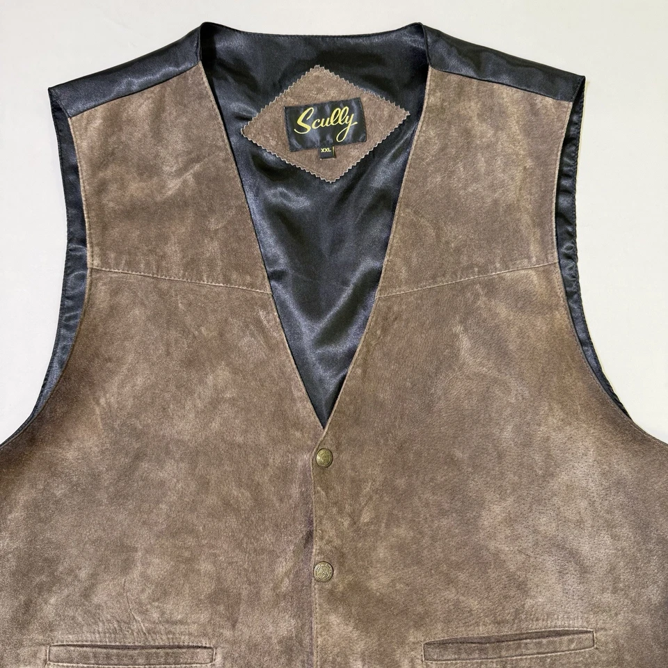 Scully Brown Suede Snap Vest Waistcoat Satin Back Men's XXL Oklahoma Buttons - Image 2 of 4