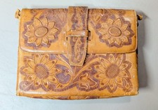 Vintage 1949 Mexican Hand Tooled Leather Sunflower Clutch Bag Purse Western Boho