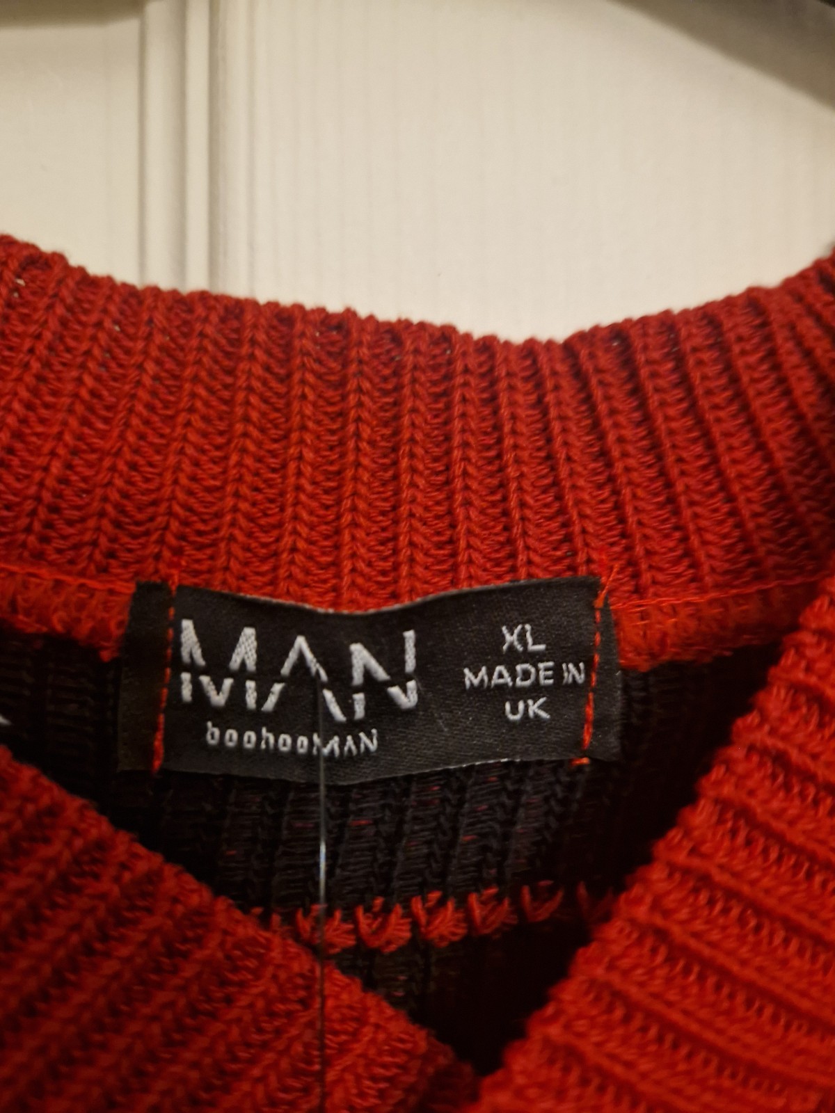 Mens XL knitted  Shirt Sleeved Jumper Boohooman Red & Navy. Brand New With Tags image 3