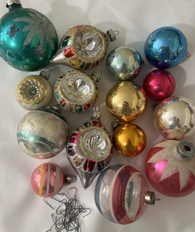 Vintage Christmas Ornaments Lot Shiny Brite, Indent, Striped, Glitter, Set Of 15