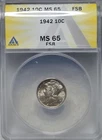 Stunning ANACS MS 65 FSB / FB (Full Bands) - 1942 P Silver Mercury Dime.  A1397.