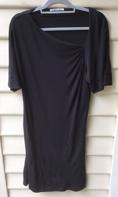 Jaeger London Black Dress 12 M Jersey Knit Asymmetric Neckline Pockets Designer