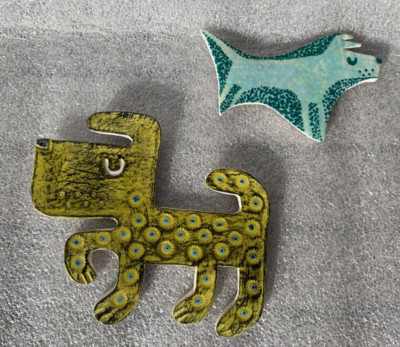Hunde Wandbehang, Deko Hund Ornament grün gelb Keramik Hand