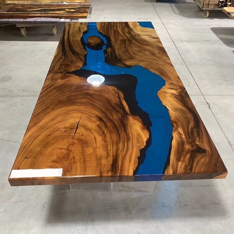 Dark Wood & Blue Epoxy Resin Conference Room Tabletop for Office Furniture Decor-image