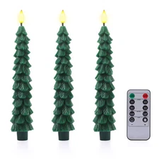 3PCS Christmas Tree Flameless Taper Candles  Green with Remote Timer 3D Wick