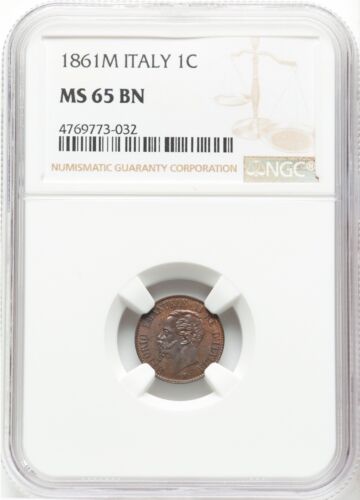 ITALY KINGDOM 1861-M 1 CENTESIMO COIN GEM UNCIRCULATED NGC CERTIFIED MS65-BN