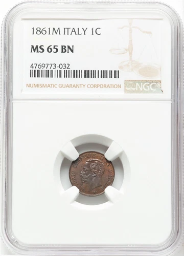 ITALY  KINGDOM  1861-M  1 CENTESIMO COIN GEM UNCIRCULATED NGC CERTIFIED MS65-BN