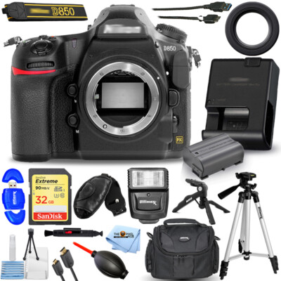 Nikon D850 DSLR Camera (Body Only) 1585 32GB Flash Tripods Pro Bundle 