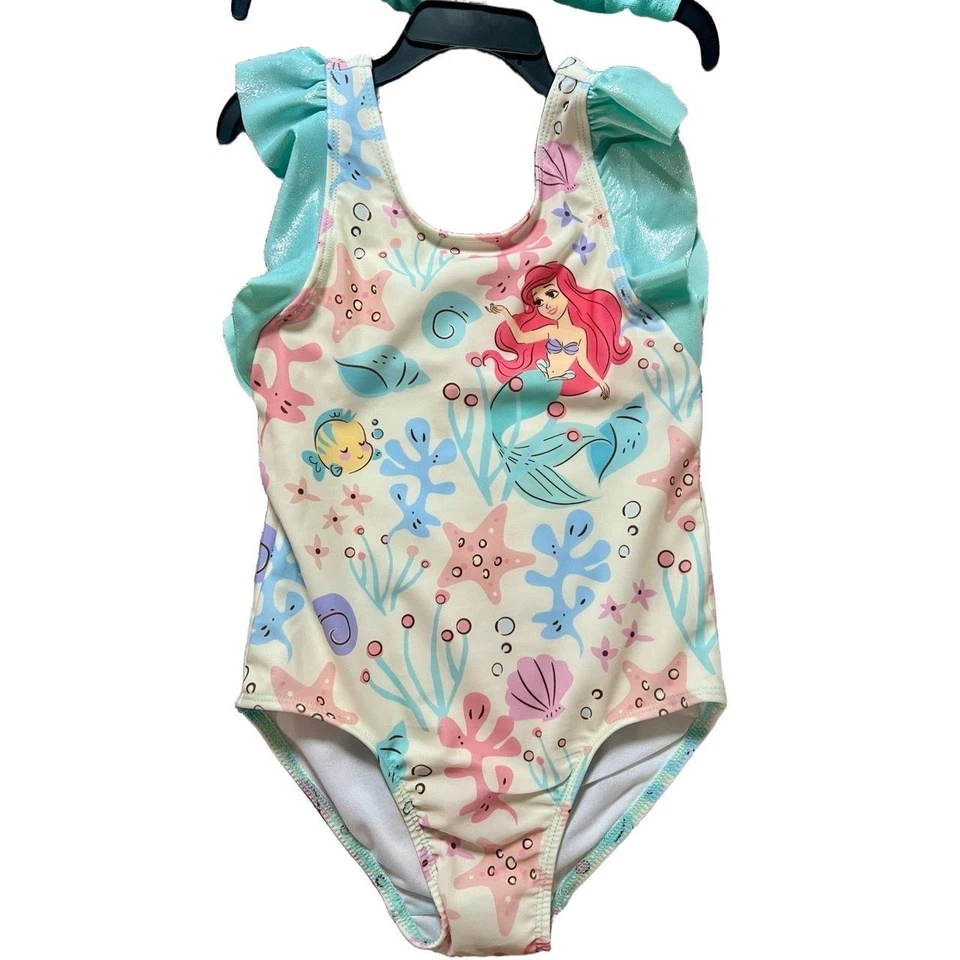 Nuevo con etiquetas Traje de baño y encubrimiento de Disney para niñas 6/7 verde azulado Ariel de una pieza con capucha volantes lindo Foto 3 de 4