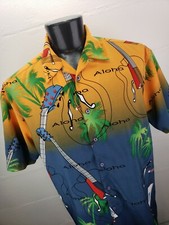 Vintage 90s Polyester Hawaiian CAMP SHIRT Aloha Palm Guitar Mens Large BRIGHT 