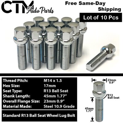 10x Chrome 14x1.5 Ball Seat Wheel Lug Bolts 45mm Shank Fit Mercedes Stock Wheels
