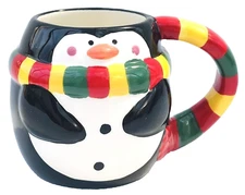 Coffee Mug 3-D Penguin w/ Scarf Holiday Coffee Hot Chocolate Wide 4" H Winter