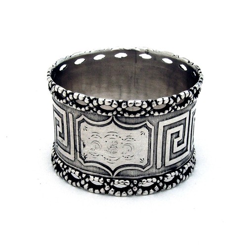 Greek Key Napkin Ring Beaded Pierced Border Coin Silver 1860 Mono CSC
