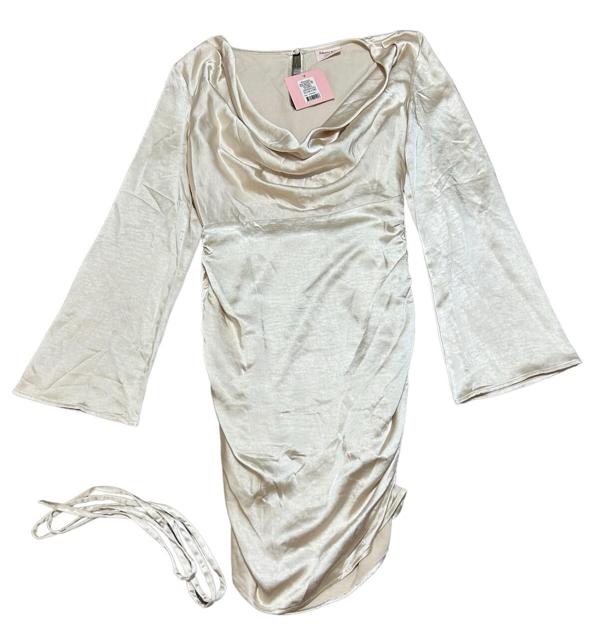 Showpo Short Dress Women’s Size 6 Champagne Cowl Neck Long Bell Sleeves Ruched