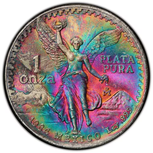 1984 Mexico Onza Libertad 1oz Silver PCGS MS67 Gold Wings Electric Rainbow Toned