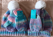Girls Hat Mitten Glove Set Multi-Color Striped Pom Pom Cuffed Knit One Size