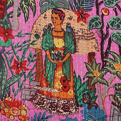 Indian Cotton Bedding Bedspread Bohemian Pink Farida Khalo Design Blanket Hippie
