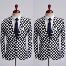Check Men's Suit Black White Party Hosting Costume 2Pcs Wedding Groom Jacket