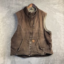 MENS VTG CARHARTT DISTRESSED BROWN FULL ZIP FLEECE LINED VEST FRAYING EDGES XL