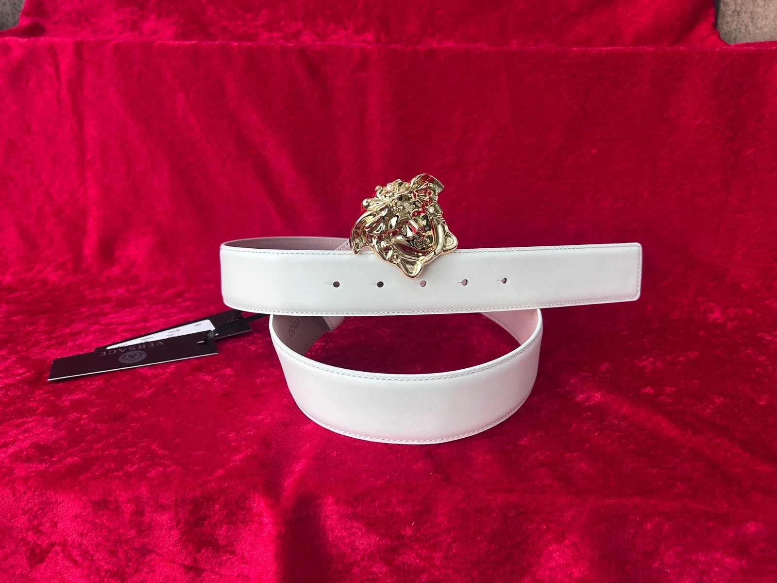 Versace — Versace La Medusa Greca Buckle Leather Belt 4cm Size 100cm/40in White & Gold NWT