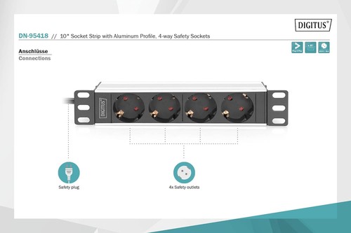 DIGITUS 4-way power strip - 1U - 10-inch (254 mm) - rack mounting in network cab - 第 2/7 張圖片